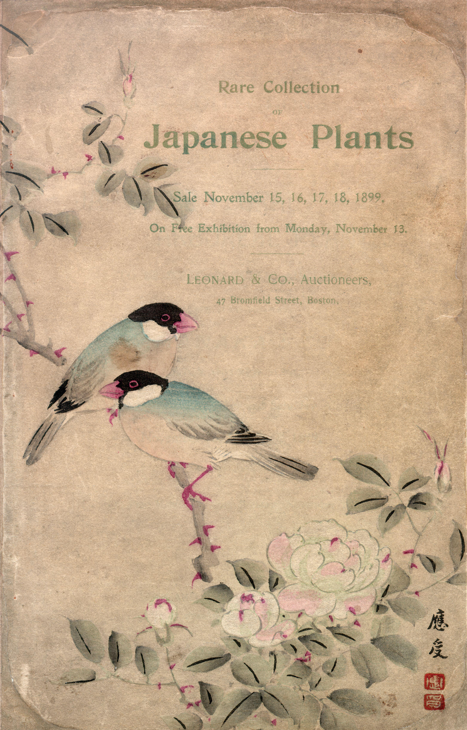 Catalogue cover featuring illustration of two birds siting on rose branch