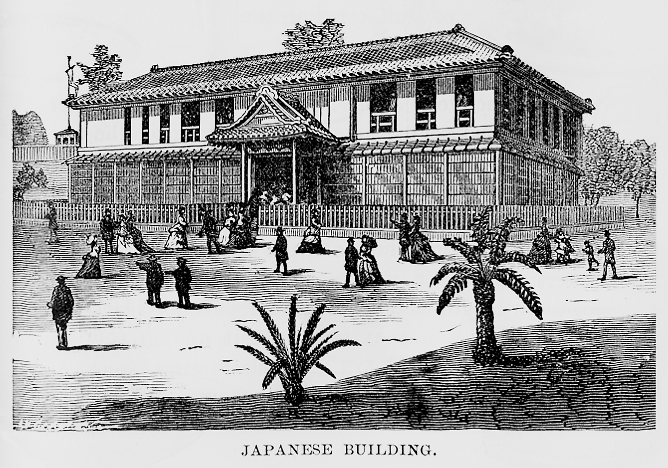 Black-and-white illustration of building with tile roof