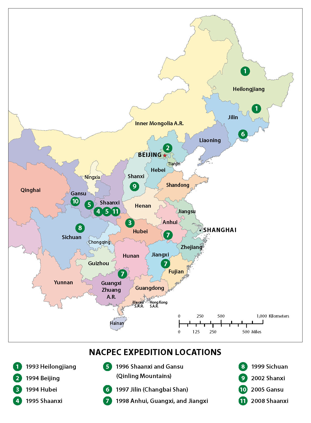 Map showing locations of NACPEC expeditions in China with eleven numbered and labeled sites