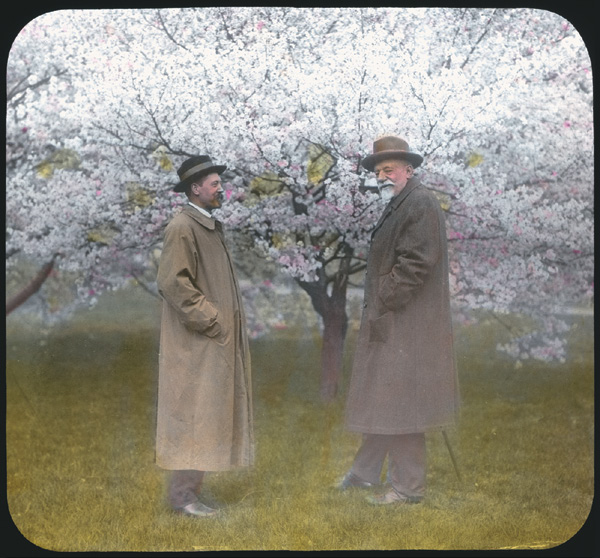 Two men facing one another and standing in front of blooming cherry tree