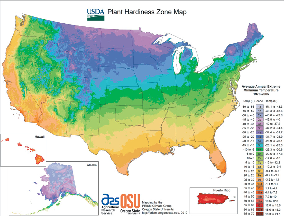 USDA Plant Hardiness Zone Map showing north-south gradient