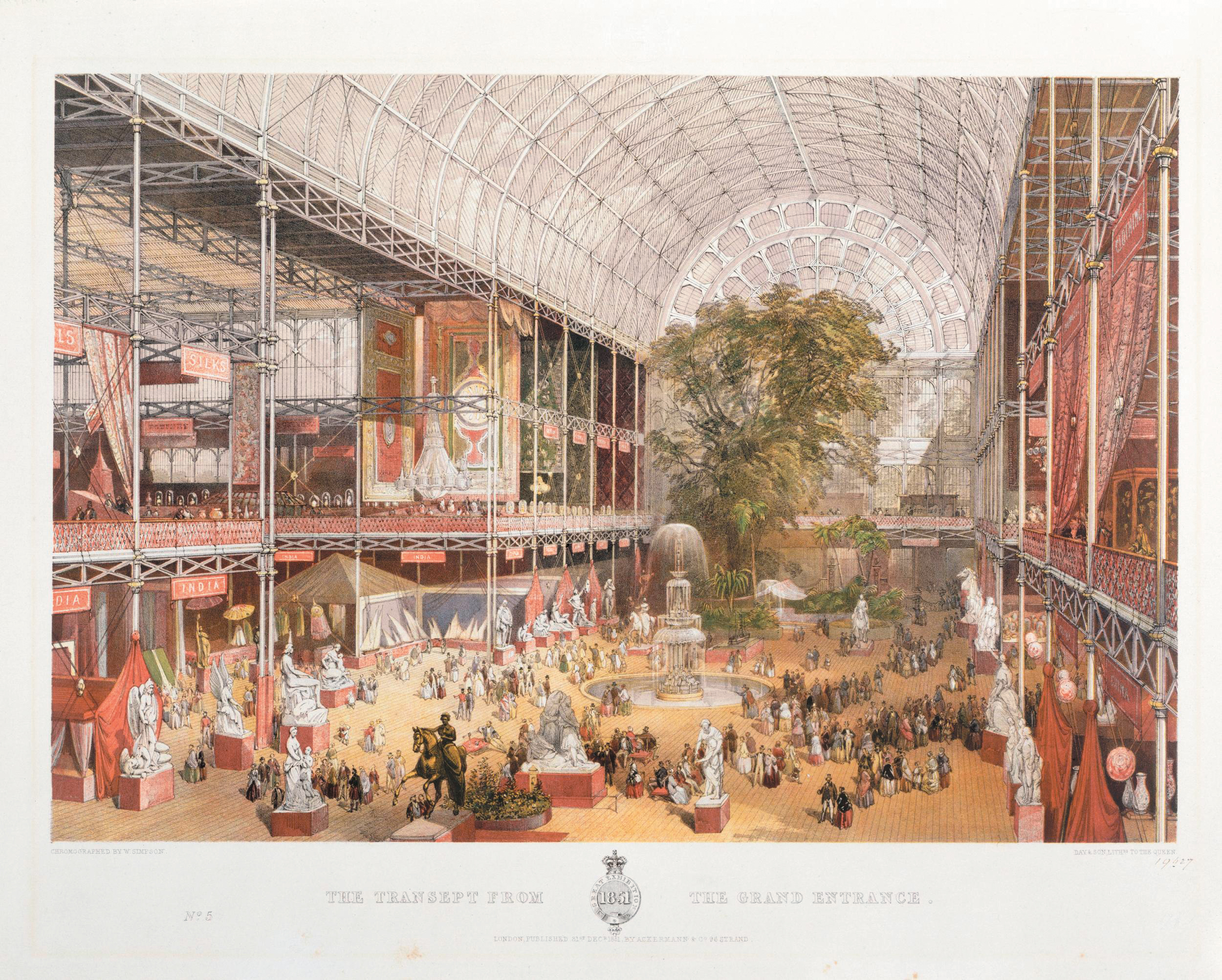 A print showing the Great Exhibition at the Crystal Palace in London, 1851.