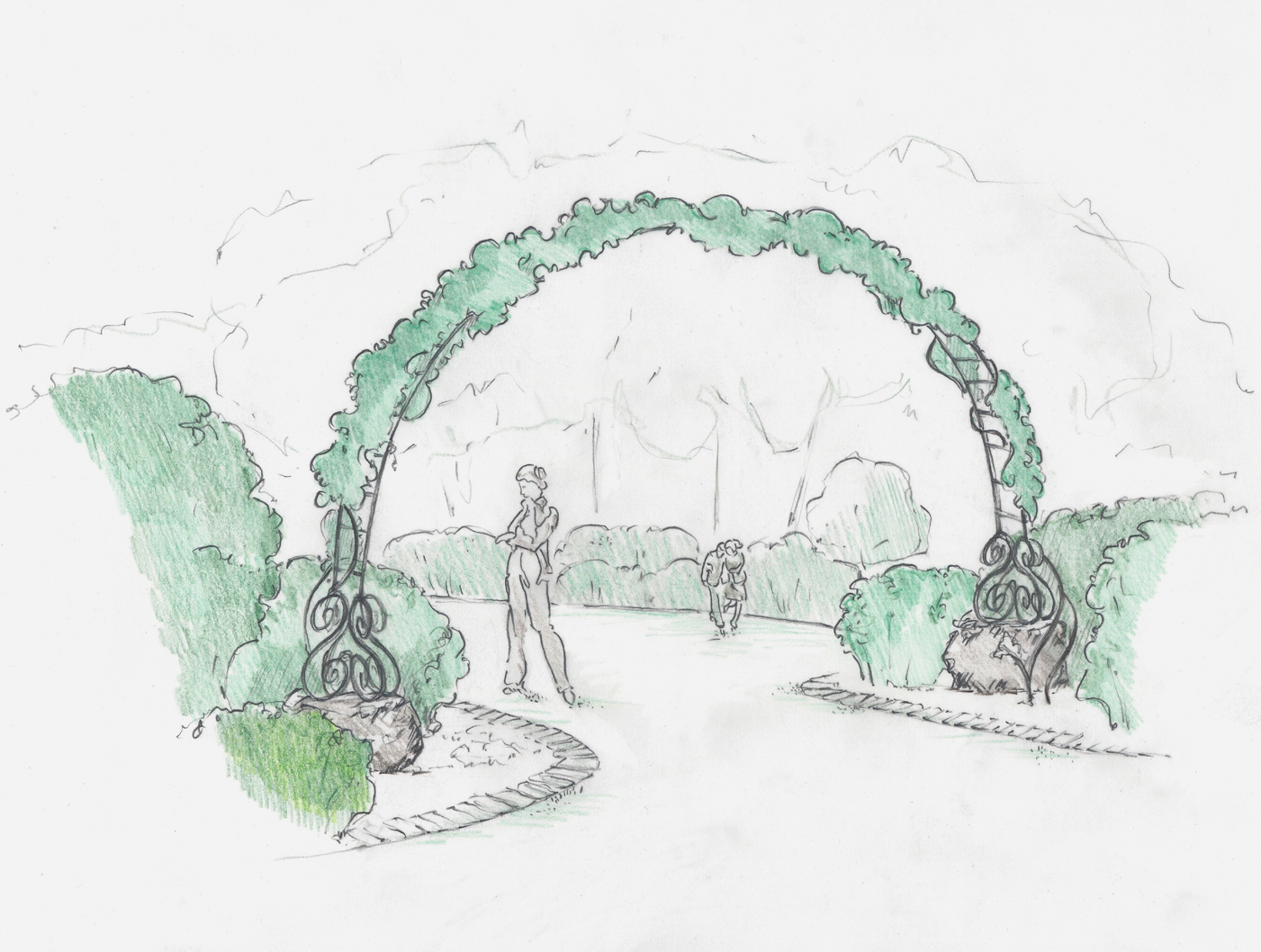 A color illustration of the design concept for the entrance arbors.