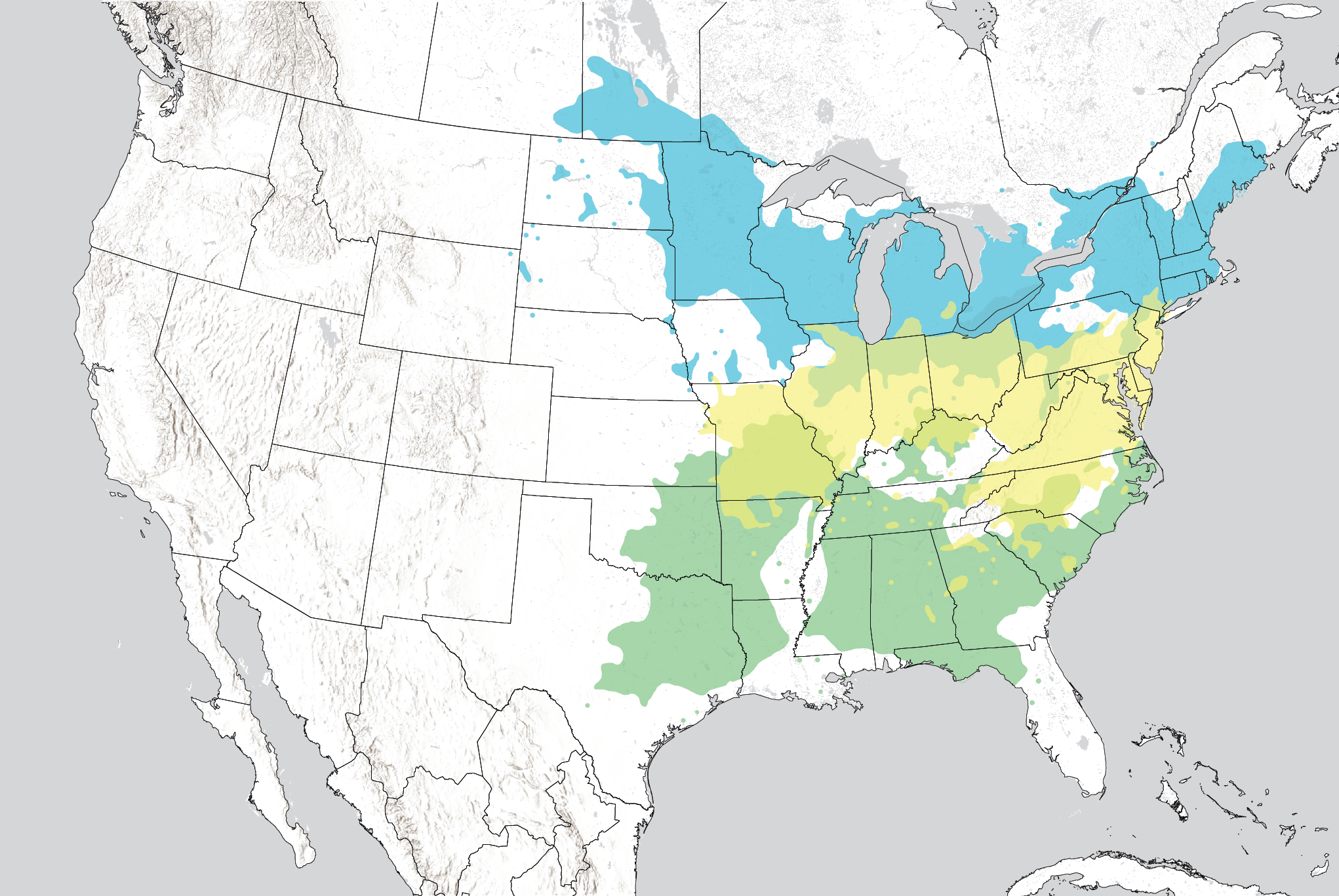 Map of North America showing three intersecting distribution ranges for viburnum species