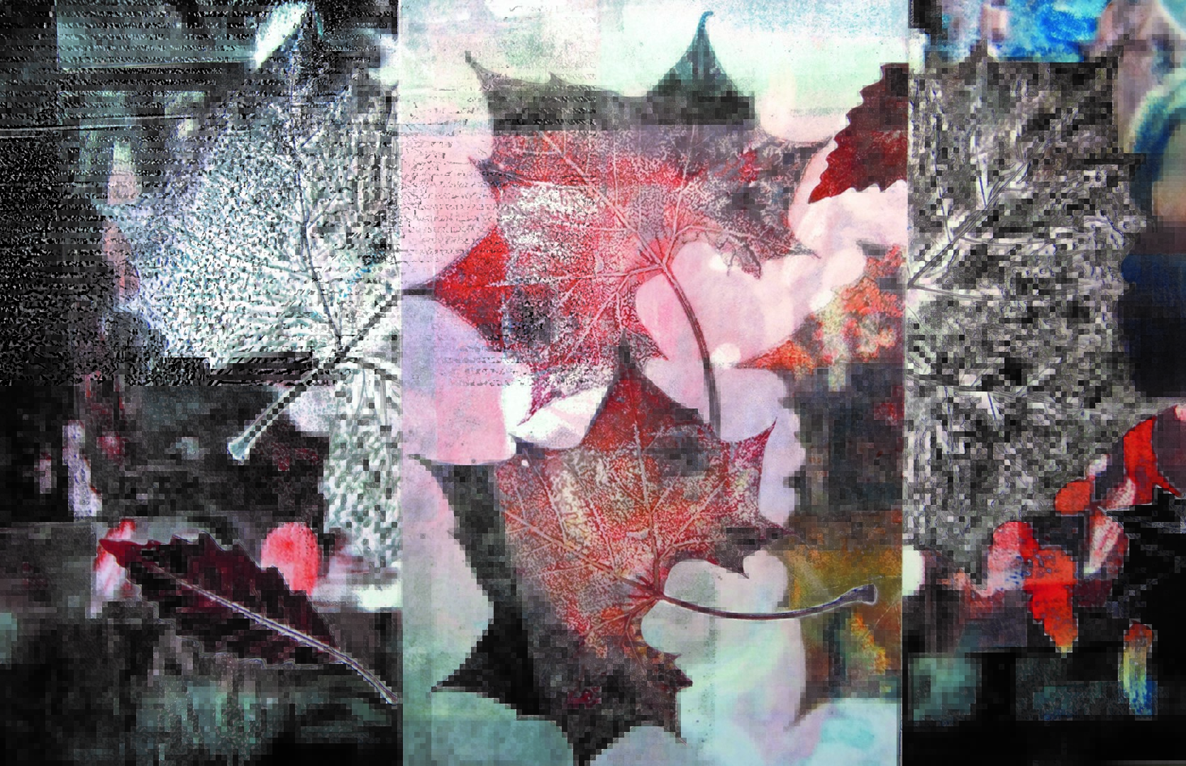 print and collage of leaves in blacks and reds