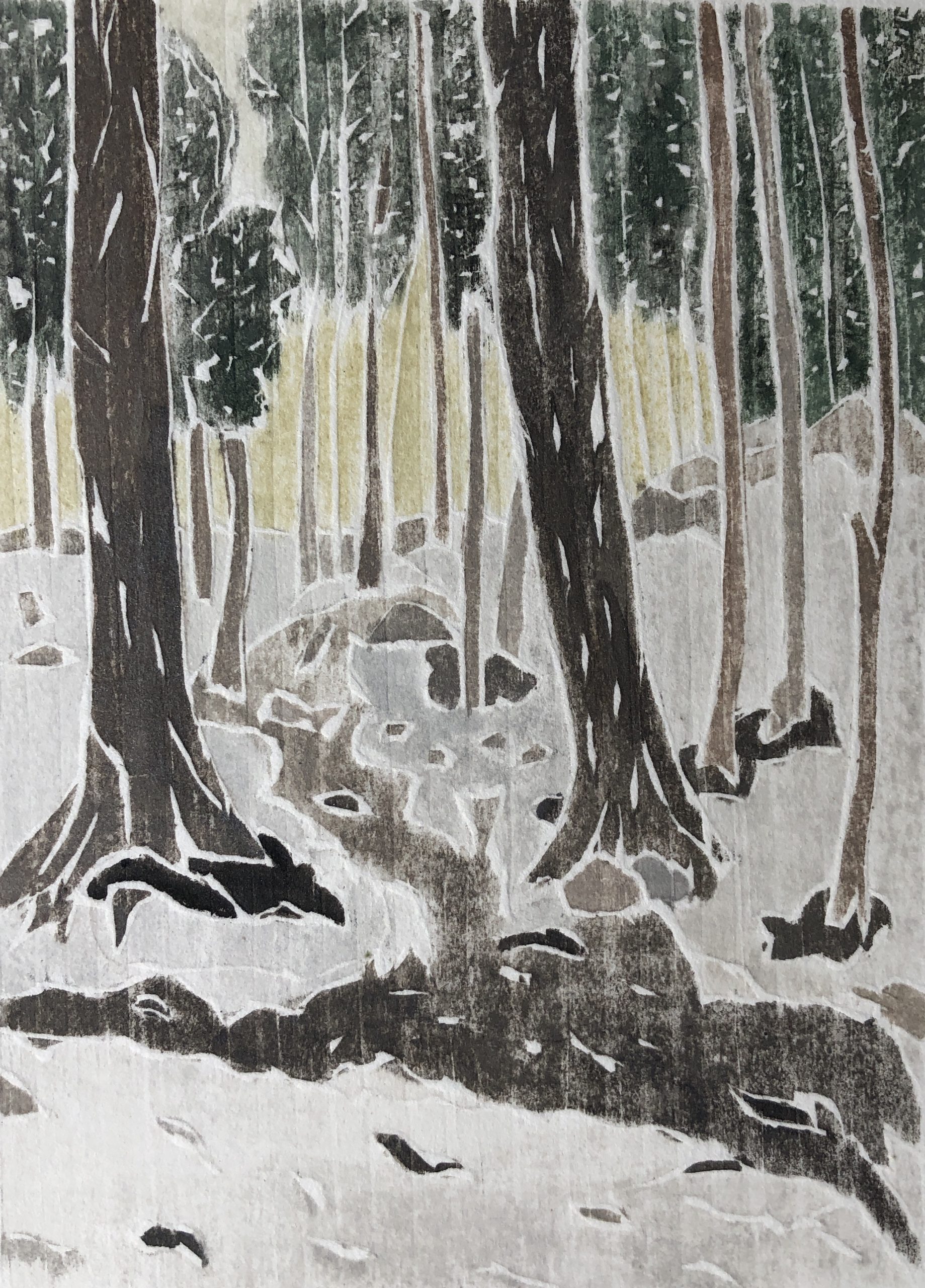 Print of trees with stream in winter