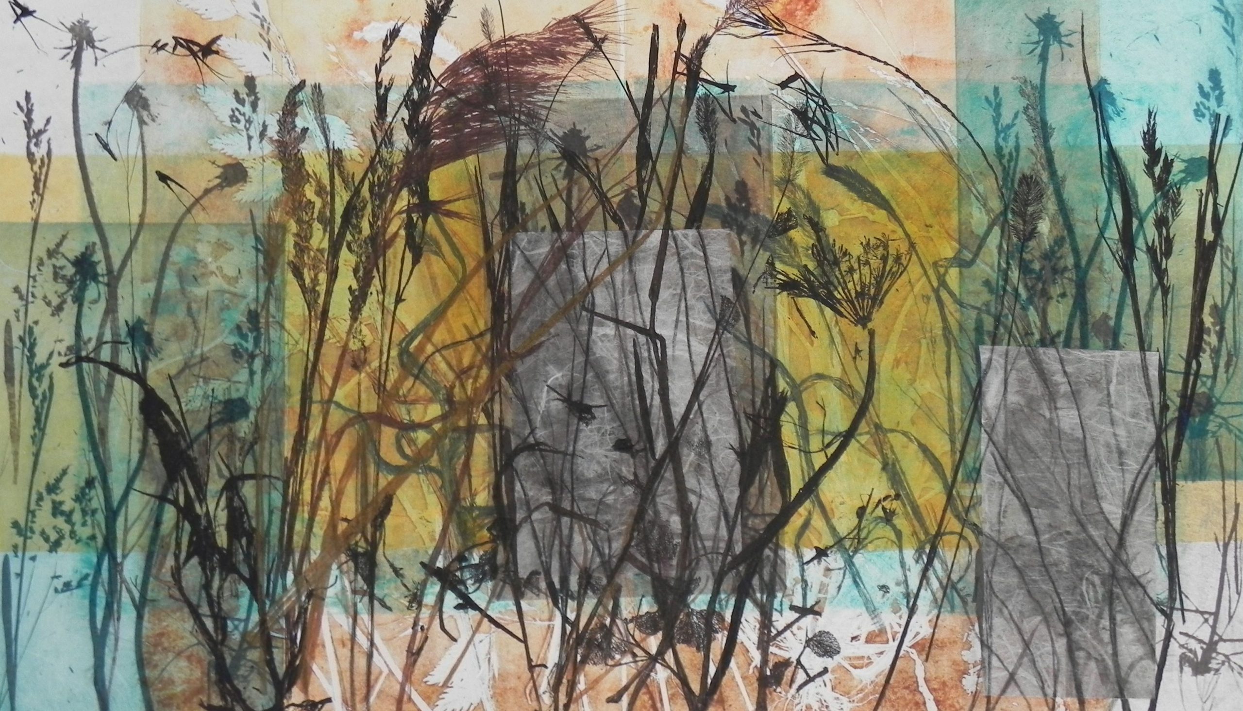 Print with meadow grasses in gray and yellow and turquoise