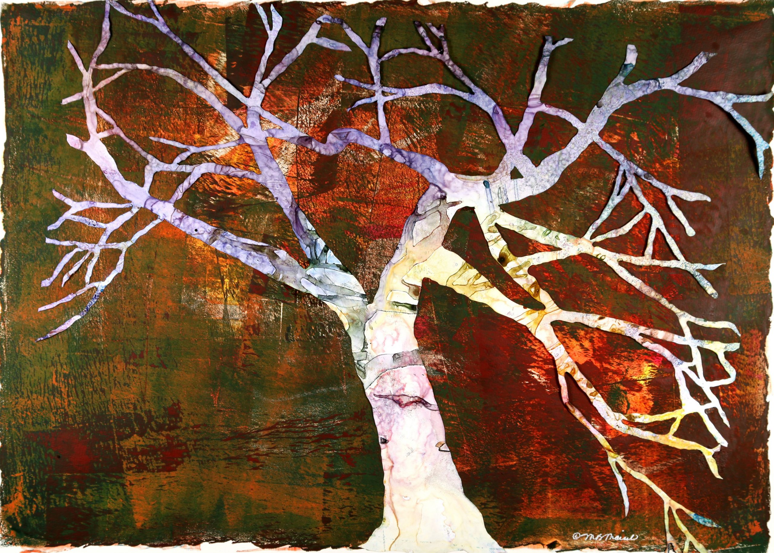 Print of one leafless tree on dark background