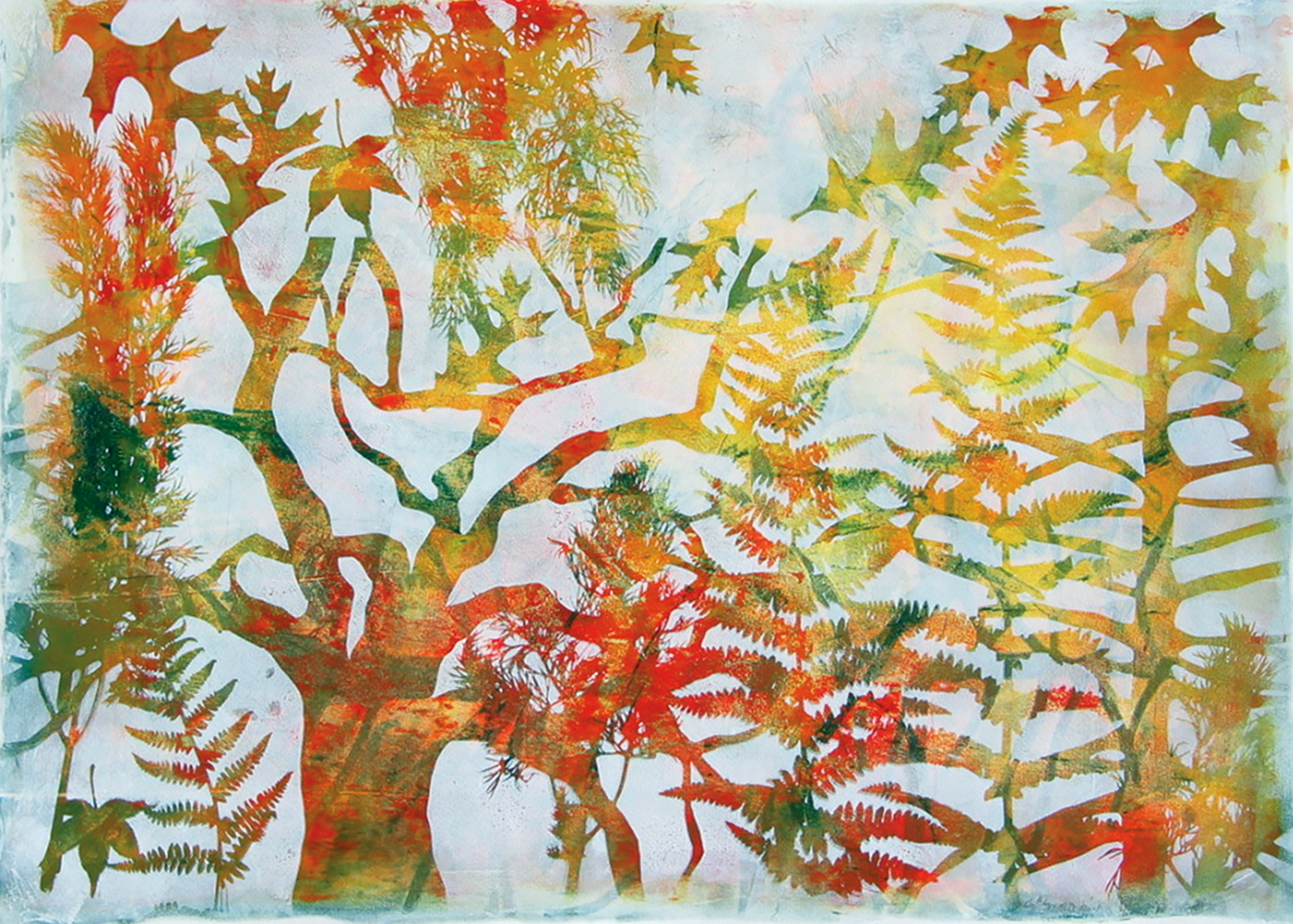 Print of trees with ferns and leaves