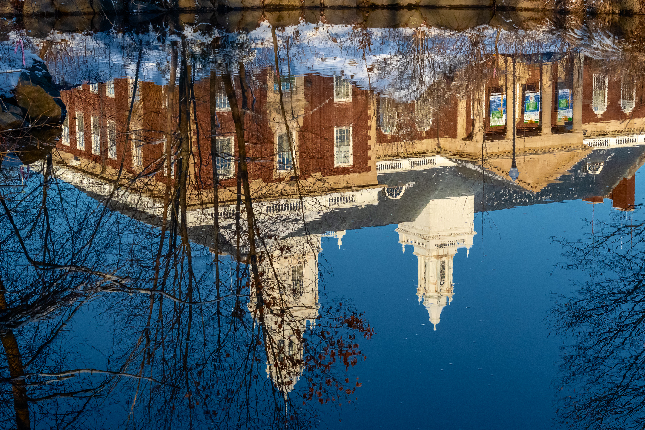 Reflection of building with tower in pond