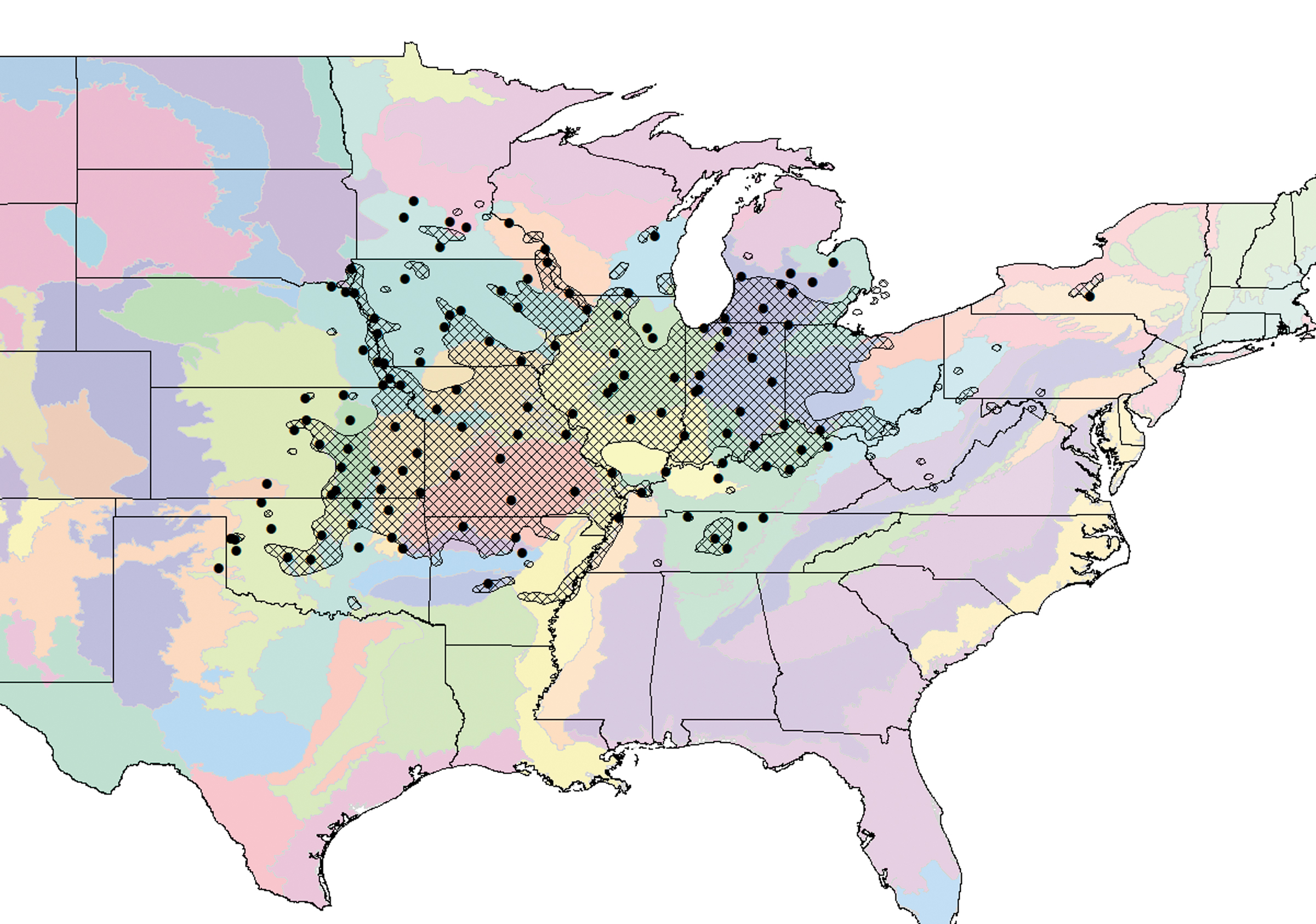 Map showing collecting points of Kentucky coffeetree