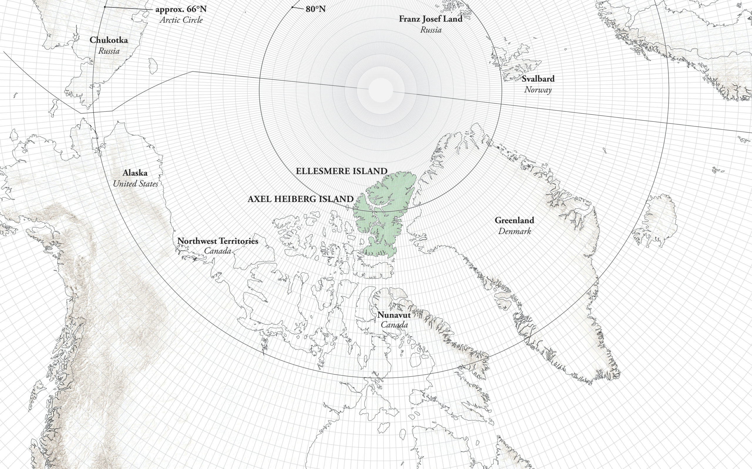 Map showing North Pole with Elsemere Island and Azel Heiberg highlighted