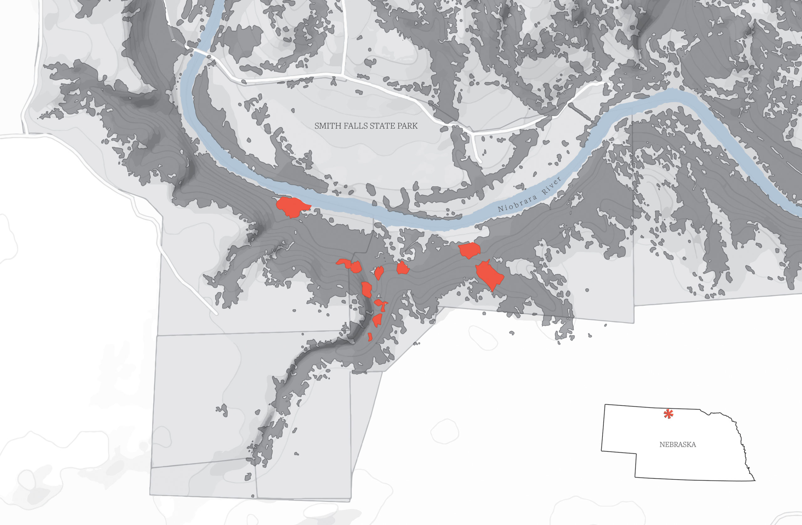 Map showing scattered locations of poplar clones along river