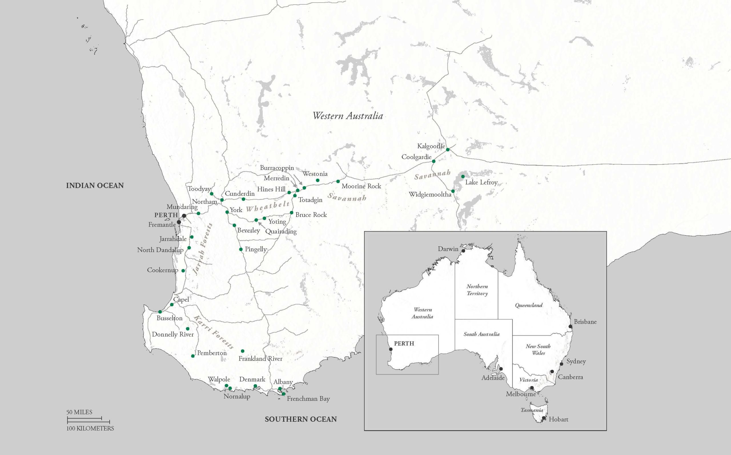 Map of Wilson's travels in southwestern Australia