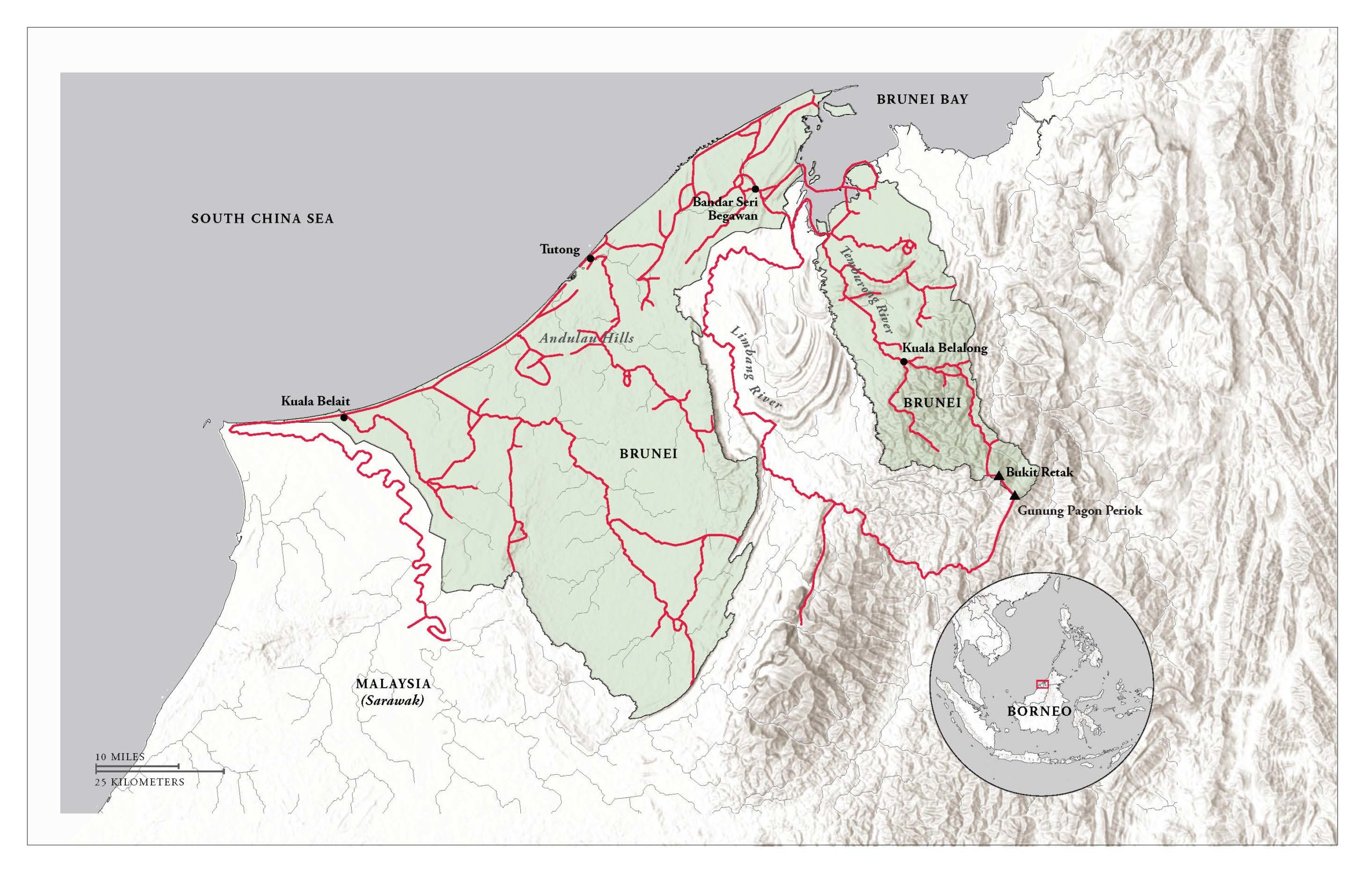 Map of Brunei with red lines marking routes of collection