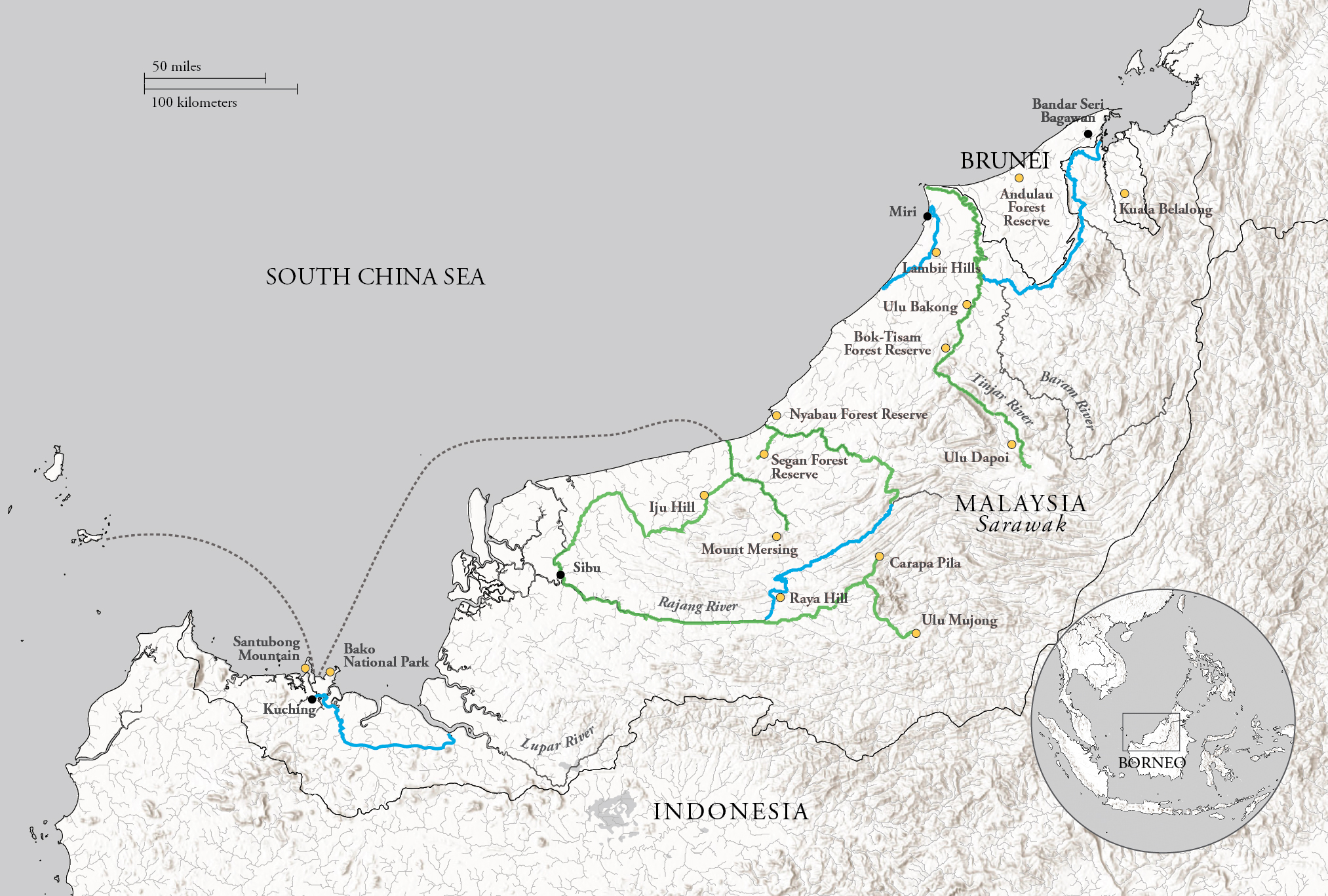 Map of Ashton's research routes in Sarawak