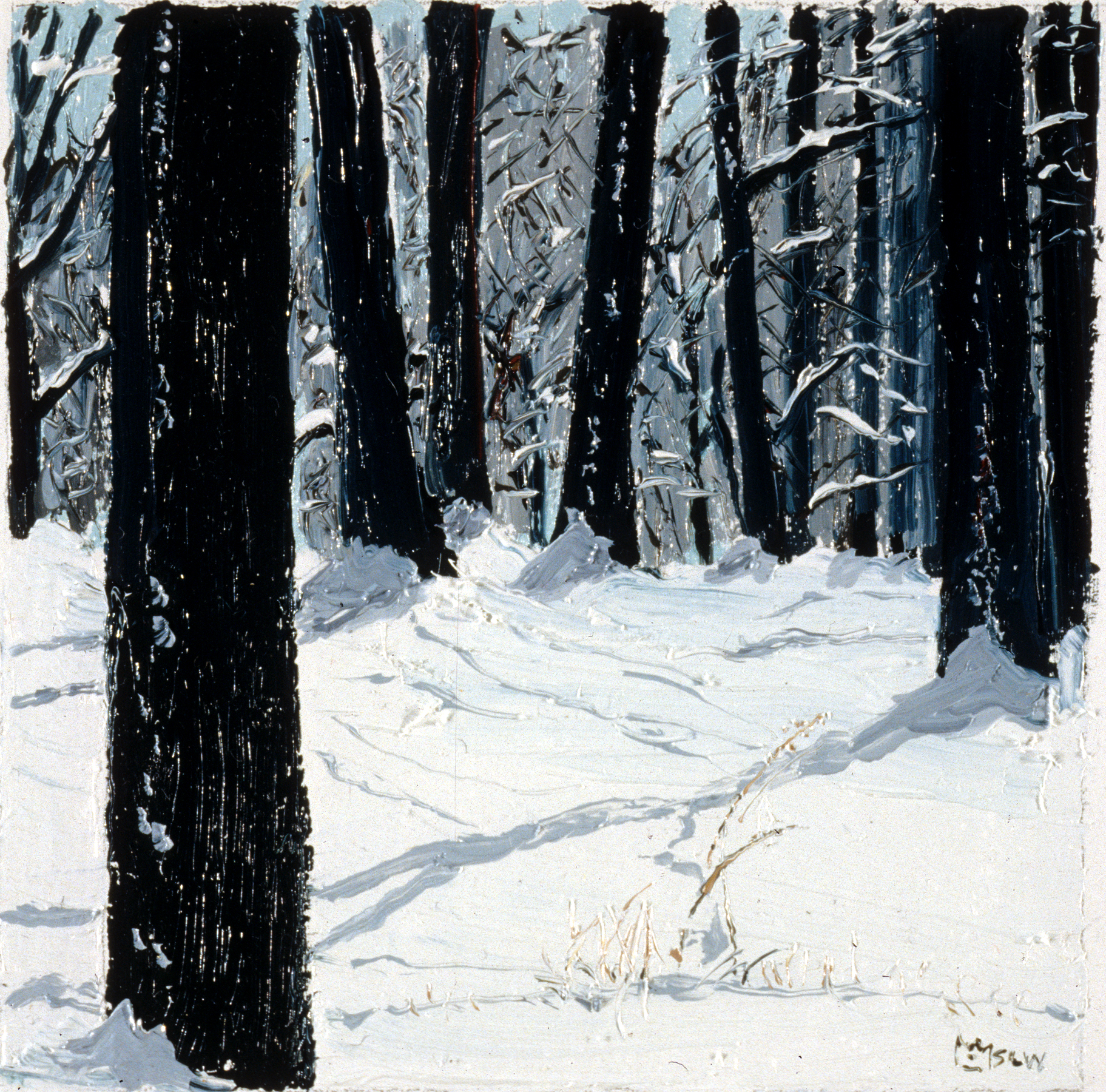Painting of winter scene with tree trunks