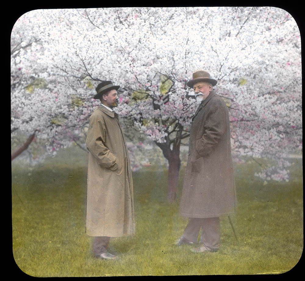 Charles S. Sargent and Ernest H. Wilson standing in front of a Higan Cherry tree (Prunus subhirtella)