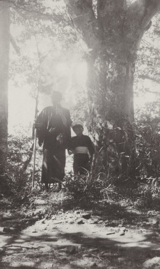 A man and a boy photographed by John Jack beside a Fagus sylvatica asiatica. Lake Chuzenji, Japan. The trunk of the tree was over 3 feet in diameter at breast height. August 10, 1905.