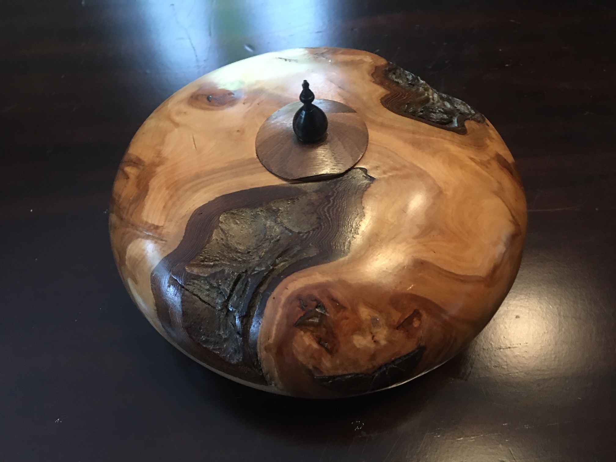 turned wood ball shaped bowl with finial