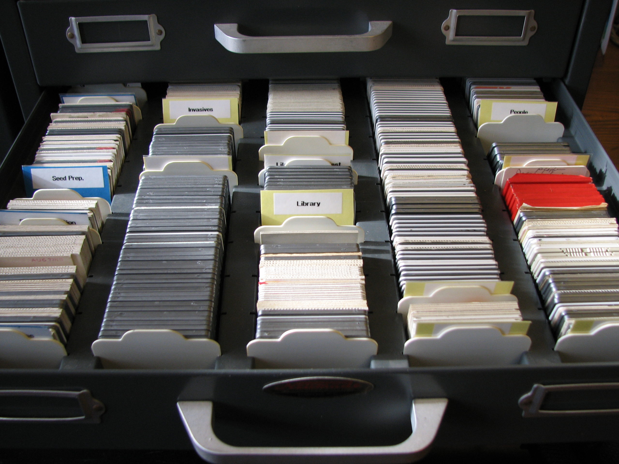 Drawer of slides from the Archives.