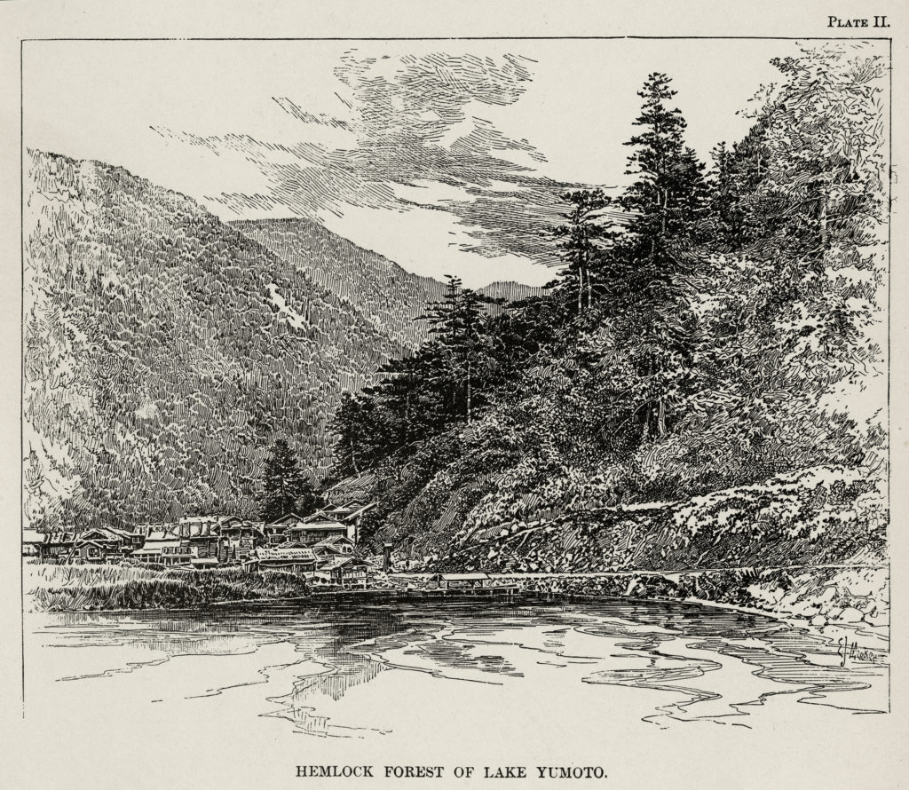 Lake Yumoto, near Nikko, Japan, in a wood engraving by E.J. Meeker from Charles Sargent's Forest Flora of Japan, 1894.
