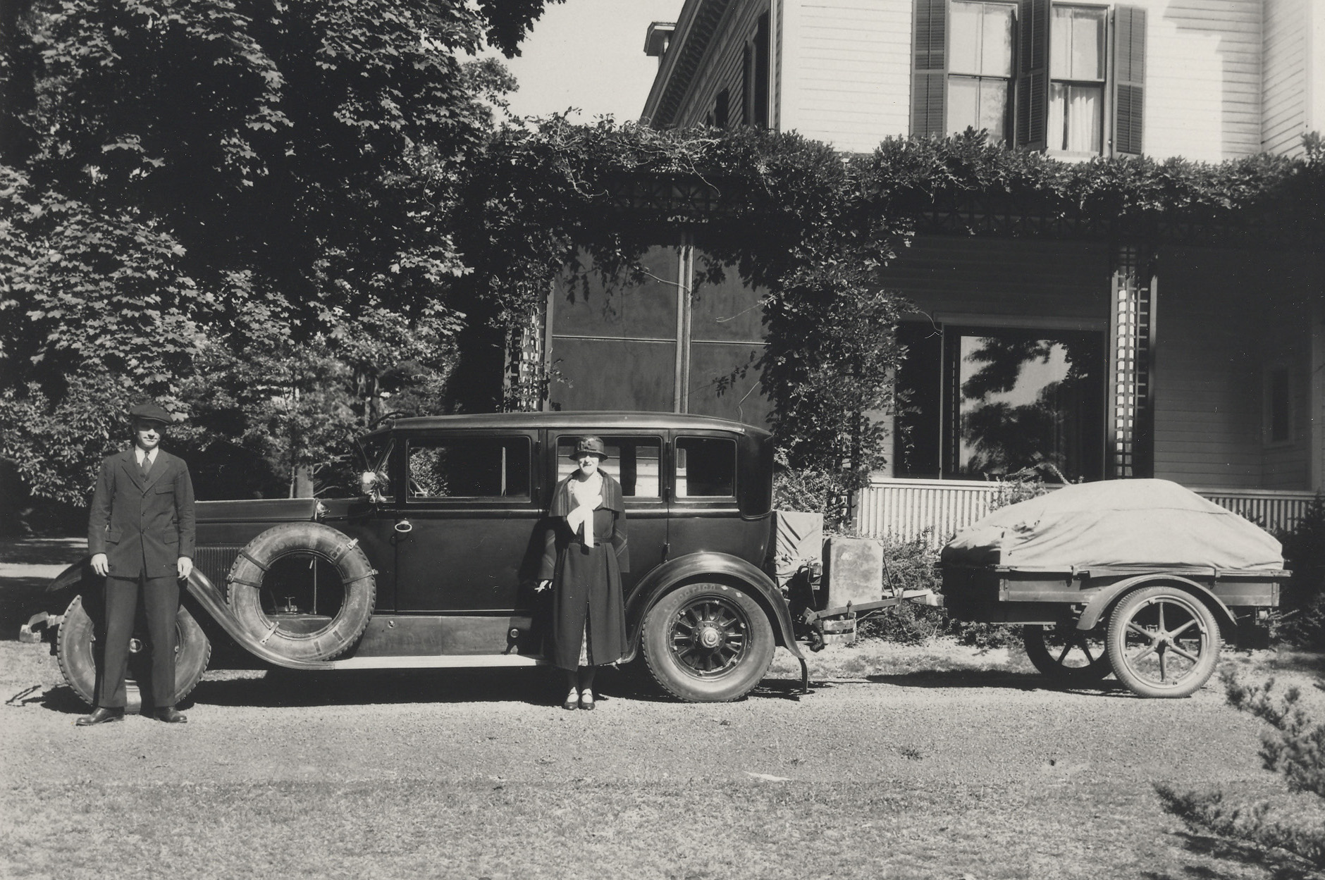 Susan Delano McKelvey and her assistant Oscar Edward Hamilton pose in front of her touring car. The trailer on the right holds specimens and equipment. They are shown at the home of McKelvey’s brother Moreau Delano in Orange, New Jersey on June 11, 1932.