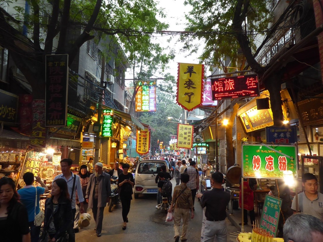 A street scene in the Muslim quarter of Xi'an at the end of the 2015 NACPEC expedition.