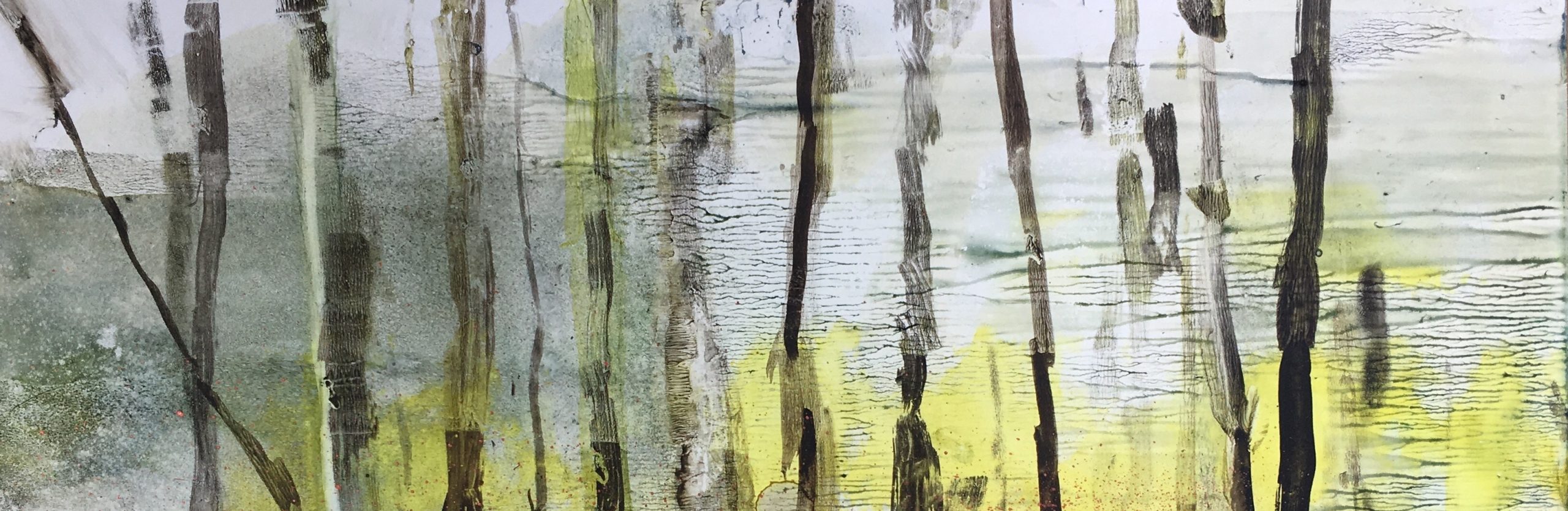 Watercolor of tree trunks in water