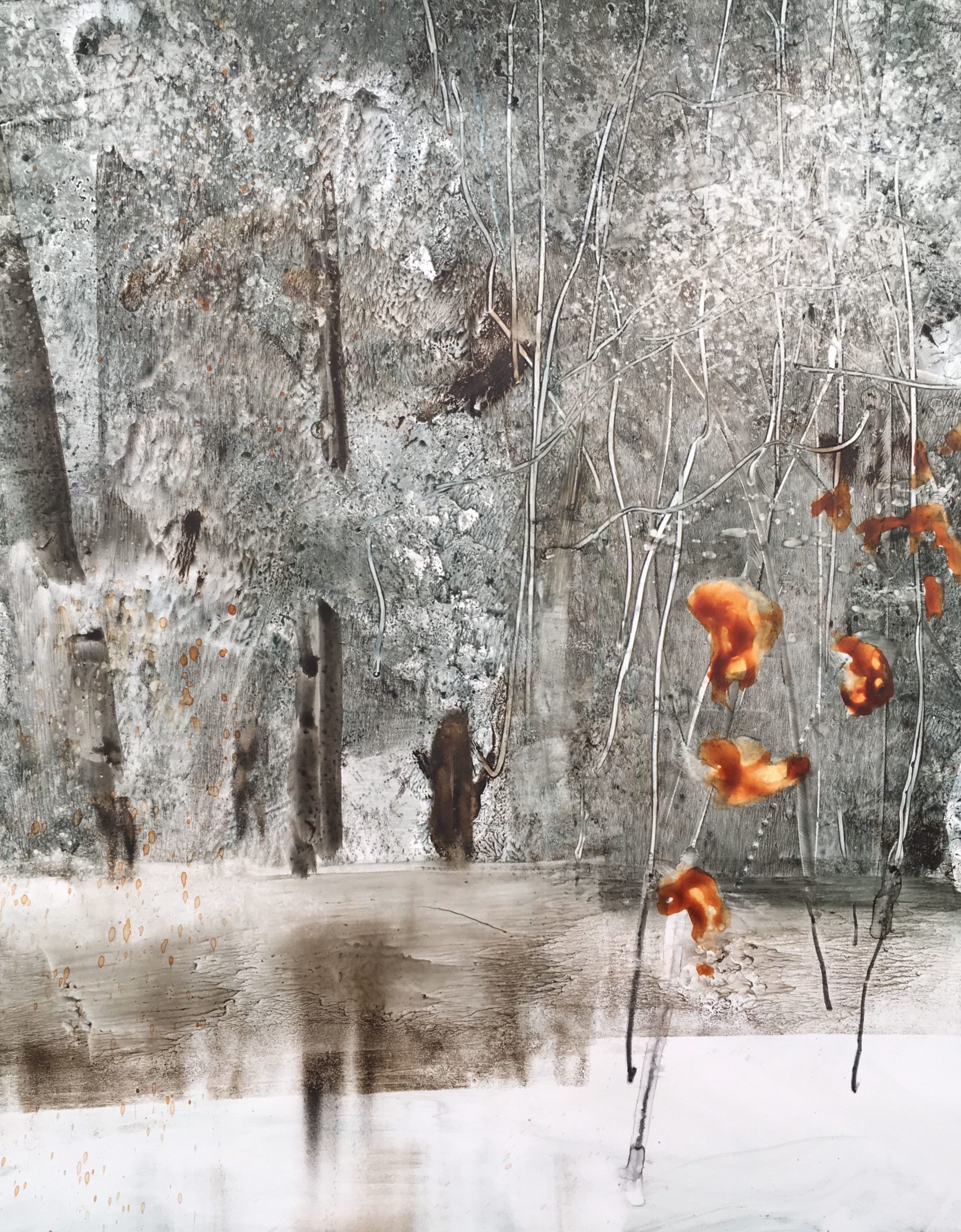 Watercolor of woods by pond