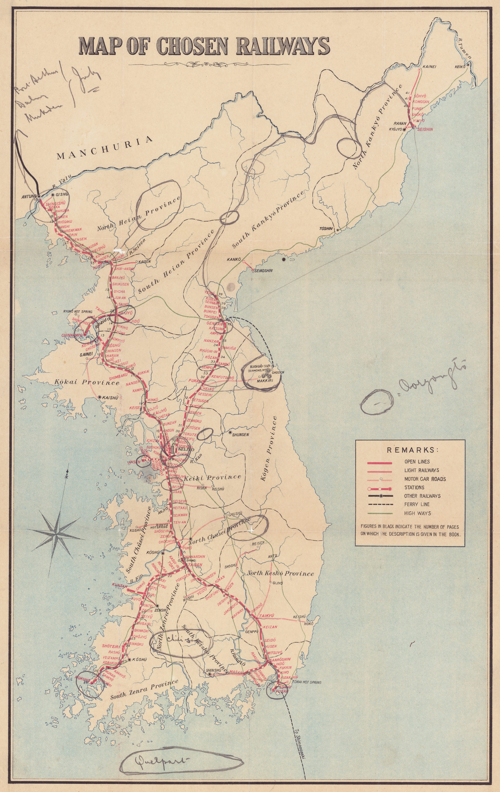 A map of the Korean railway system with penciled annotations by Ernest Wilson showing the routes he took while collecting in Korea in 1917.