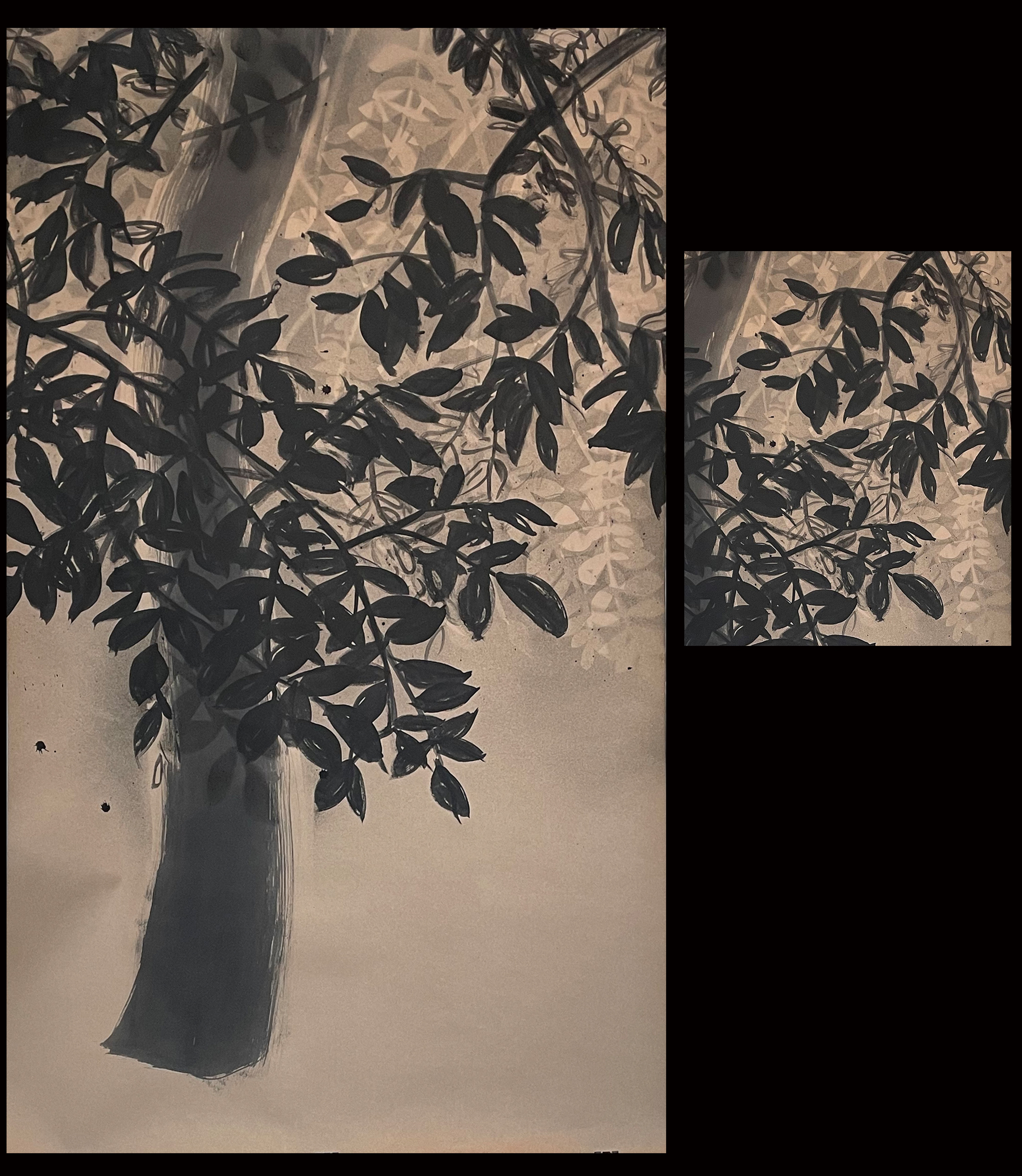 Painting of most of a tree and leaves, detail of the leaves