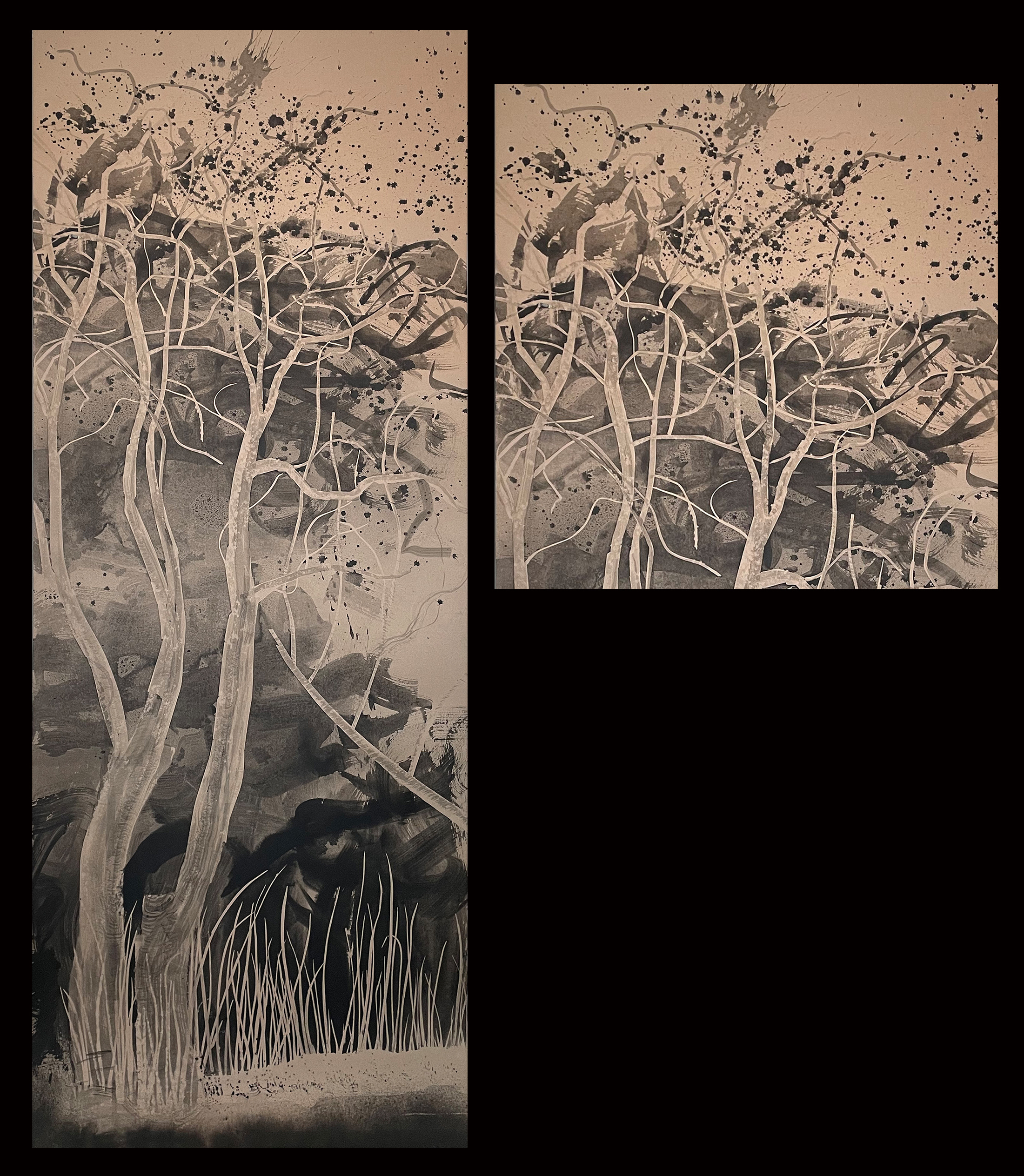 Panting of a couple trees in the grass and detail of upper branches