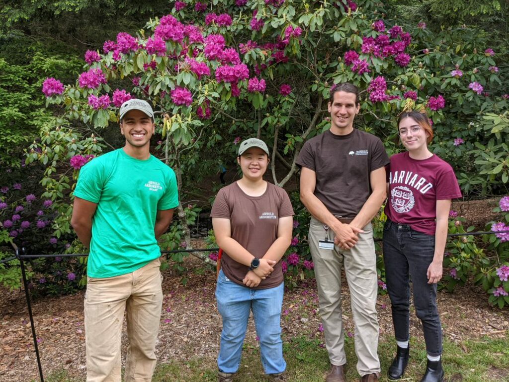 Four people stand smiling in front of a flowering bush with vibrant pink blooms. They wear casual outdoor clothing and appear to be enjoying a day in a garden or park surrounded by greenery.
