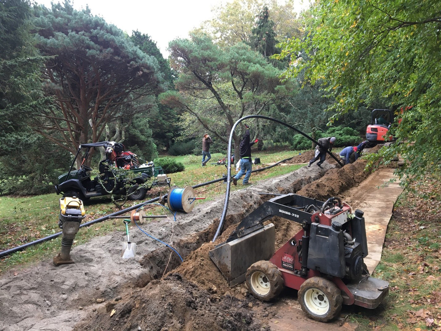 Installation of irrigation lines in trenches near Conifer Path