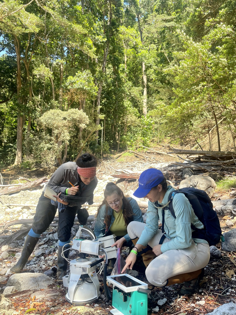 Ceci Prada, Carina Berlingeri, and Lindsay McCulloch measure CO2 fluxes from the soil at a volcanic CO2 vent