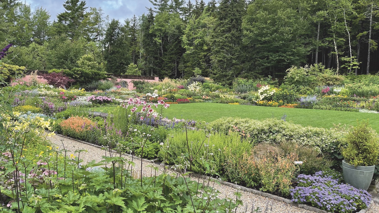 Perspective view of formal garden in bloom with background of mixed conifer forest.