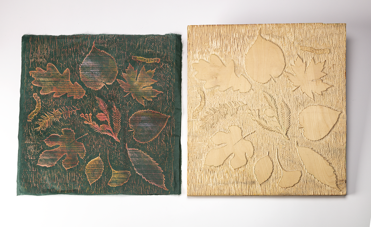 Woodblock and rubbing from block of leaves and needles