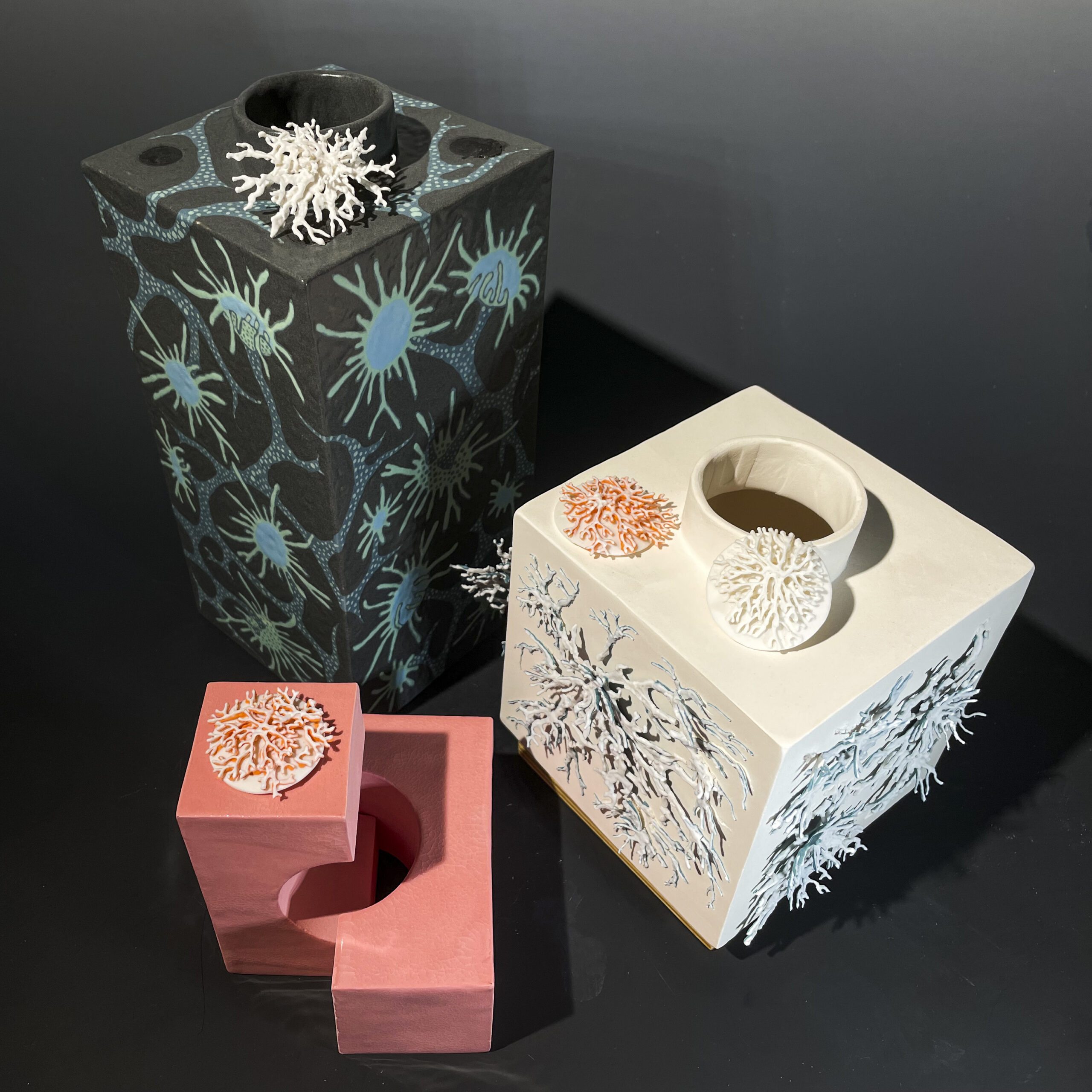 Ceramic shapes with lichen embellishments