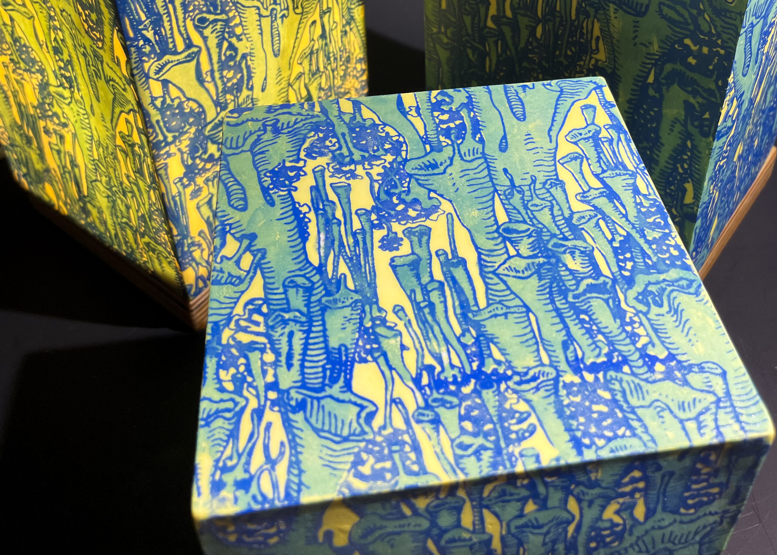 Sections of ceramic art boxes with lichen designs