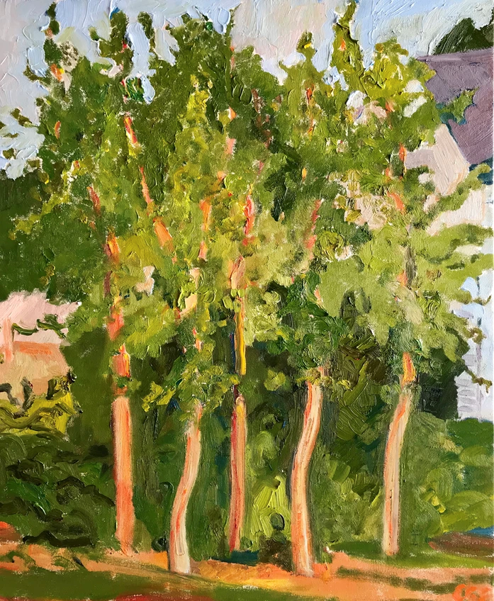 Textured painting of five trees with green leaves