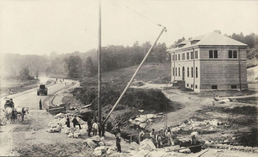 Hunnewell Building at the Arnold Arboretum under construction in 1892.