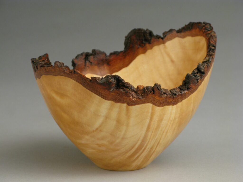 A wooden bowl with a natural, uneven edge featuring dark, rough bark. The smooth, light-colored wood contrasts with the jagged, textured rim. The bowl rests on a neutral gray background.