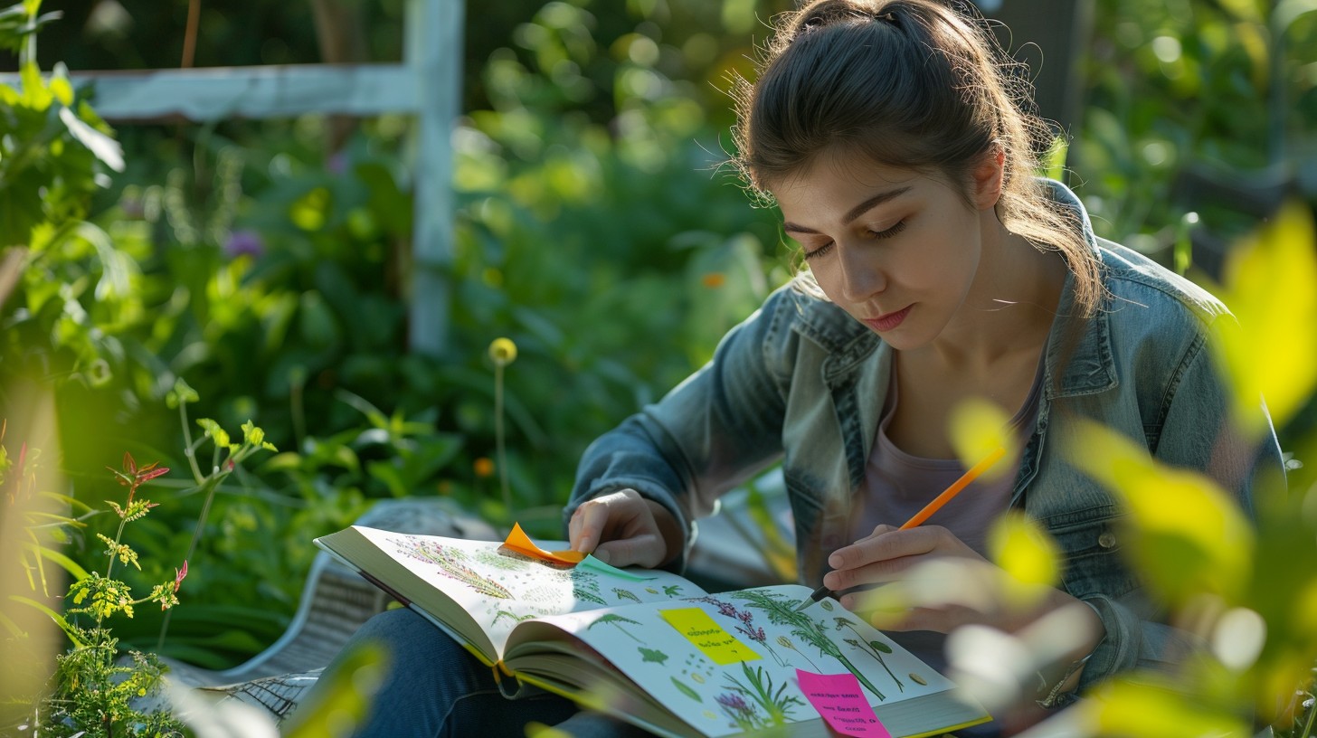 A young woman sits outdoors in a lush garden, writing notes in a book filled with colorful sticky notes. She appears focused and is surrounded by greenery and sunlight.