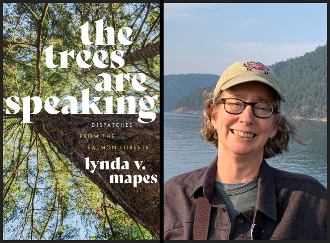A book cover featuring a tall tree and a headshot of a white woman with glasses