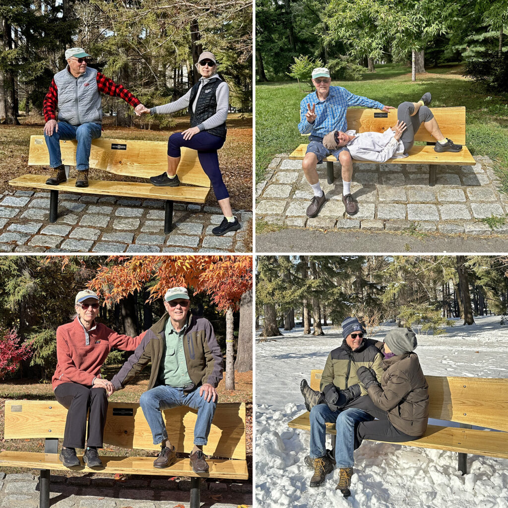 Cynthia and Willard visiting the bench they dedicated on Peters Hill in all four seasons.
