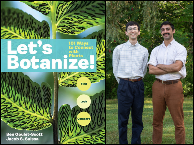 A book cover with unusual leaves next to two men standing outside