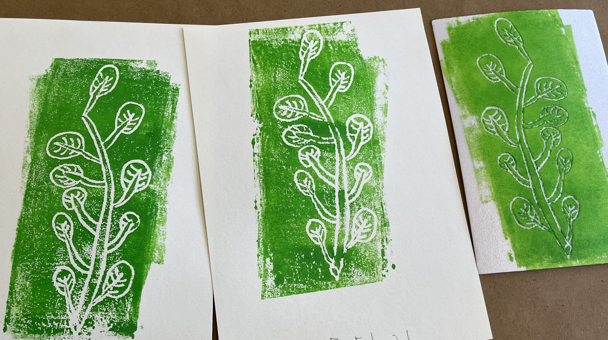 3 green plant monoprints