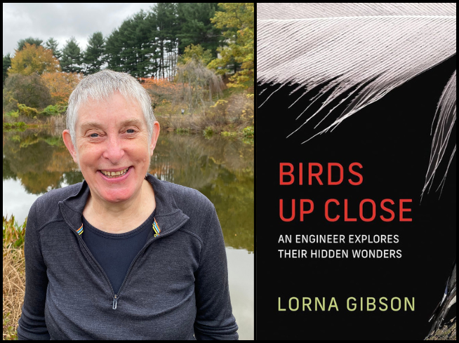 A white woman with short grey hair next to a cover of Birds Up Close