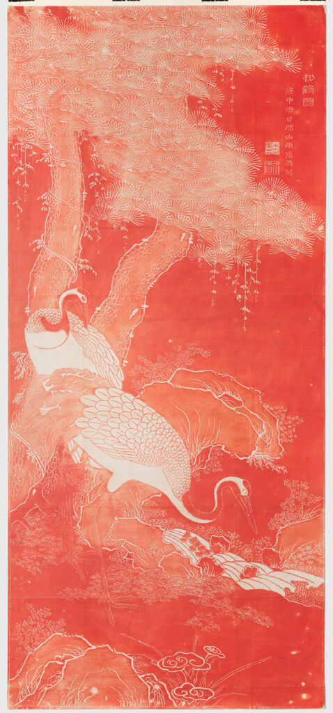 Monochromatic image of pines and cranes in white with red background